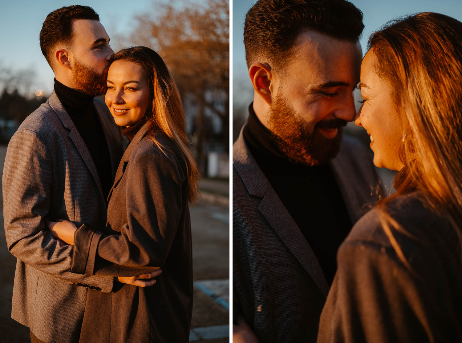 Séance photo engagement de couple save the date en hiver au coucher de soleil à Nantes (44)