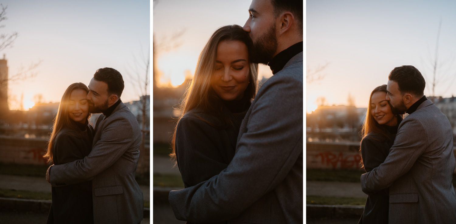 Séance photo engagement de couple save the date en hiver au coucher de soleil à Nantes (44)