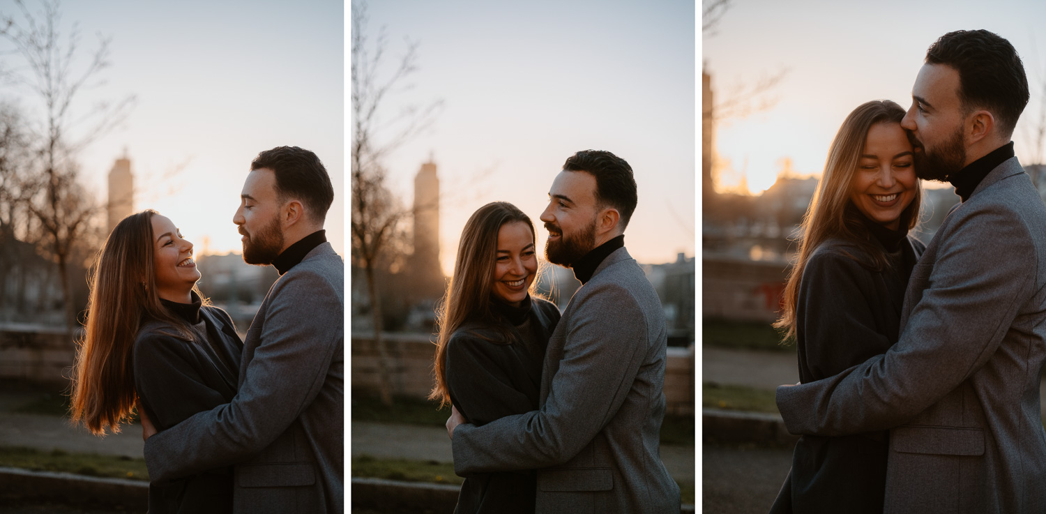 Séance photo engagement de couple save the date en hiver au coucher de soleil à Nantes (44)