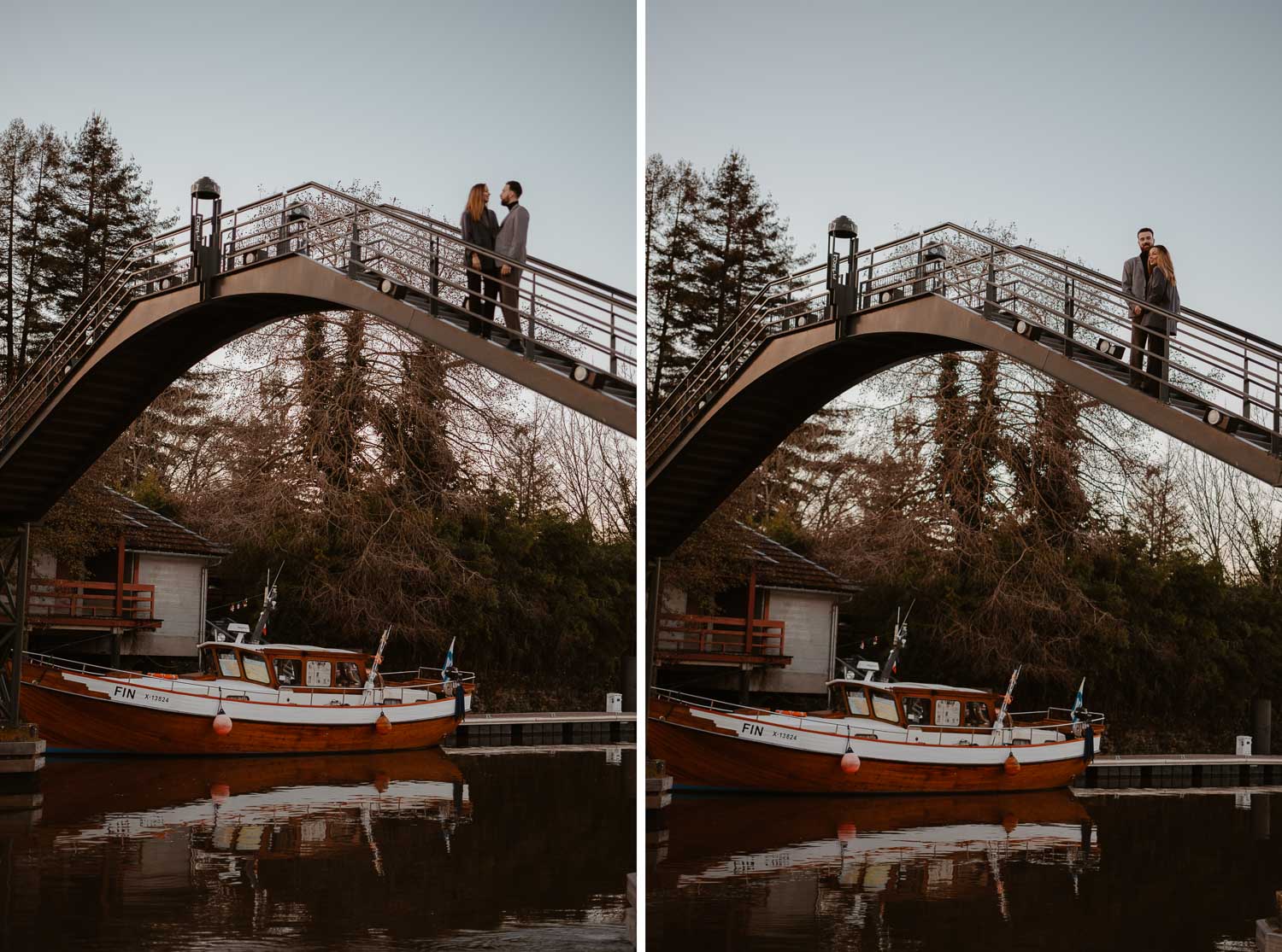 Séance photo engagement de couple save the date en hiver au coucher de soleil à Nantes (44)