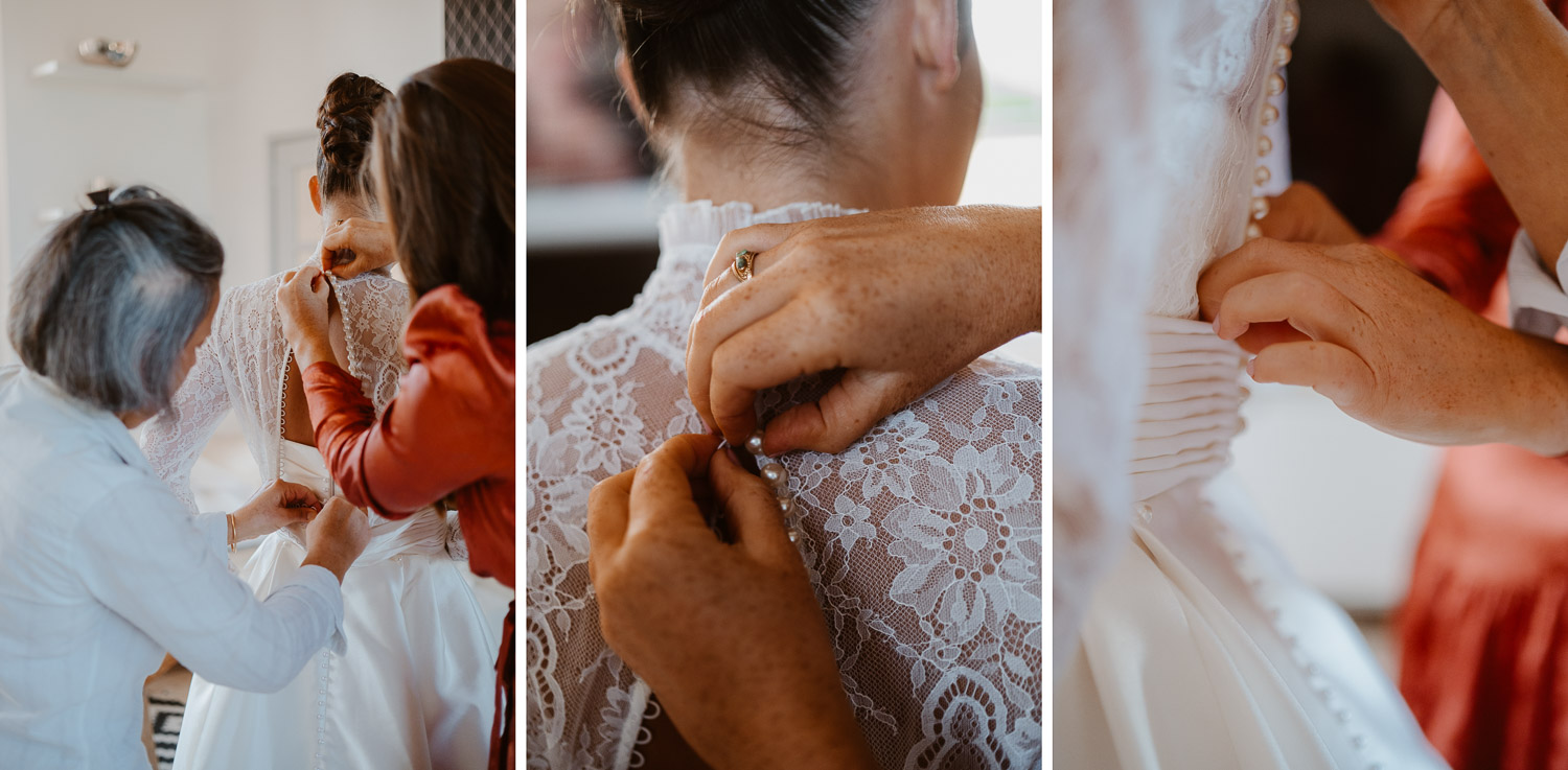 reportage photo préparatifs robe mariée — Château du Bois Guy à Parigné