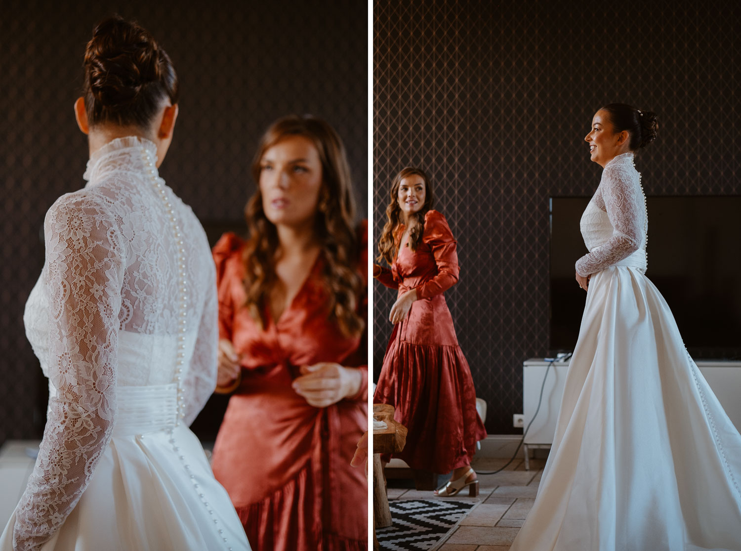 reportage photo préparatifs robe mariée — Château du Bois Guy à Parigné