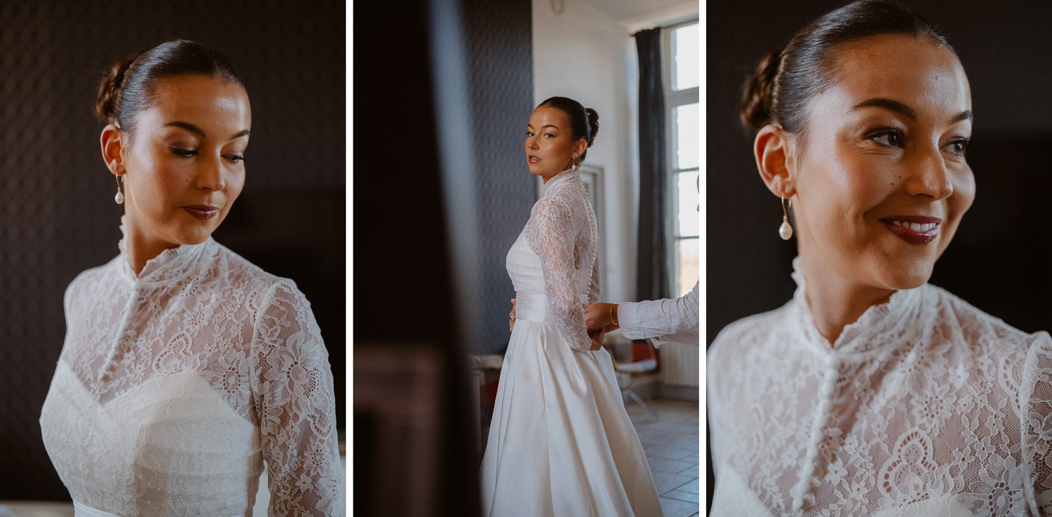 reportage photo préparatifs robe mariée — Château du Bois Guy à Parigné