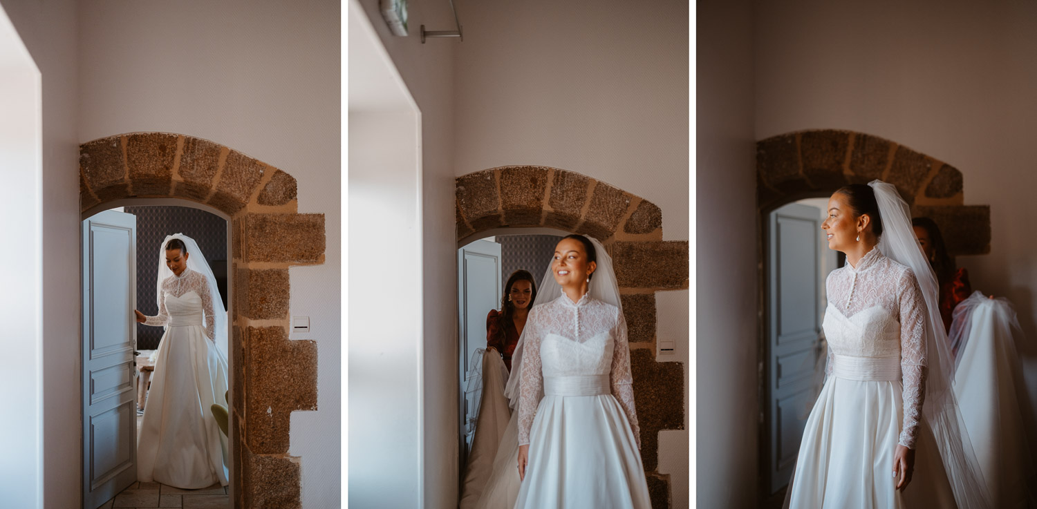 reportage photo préparatifs robe mariée — Château du Bois Guy à Parigné