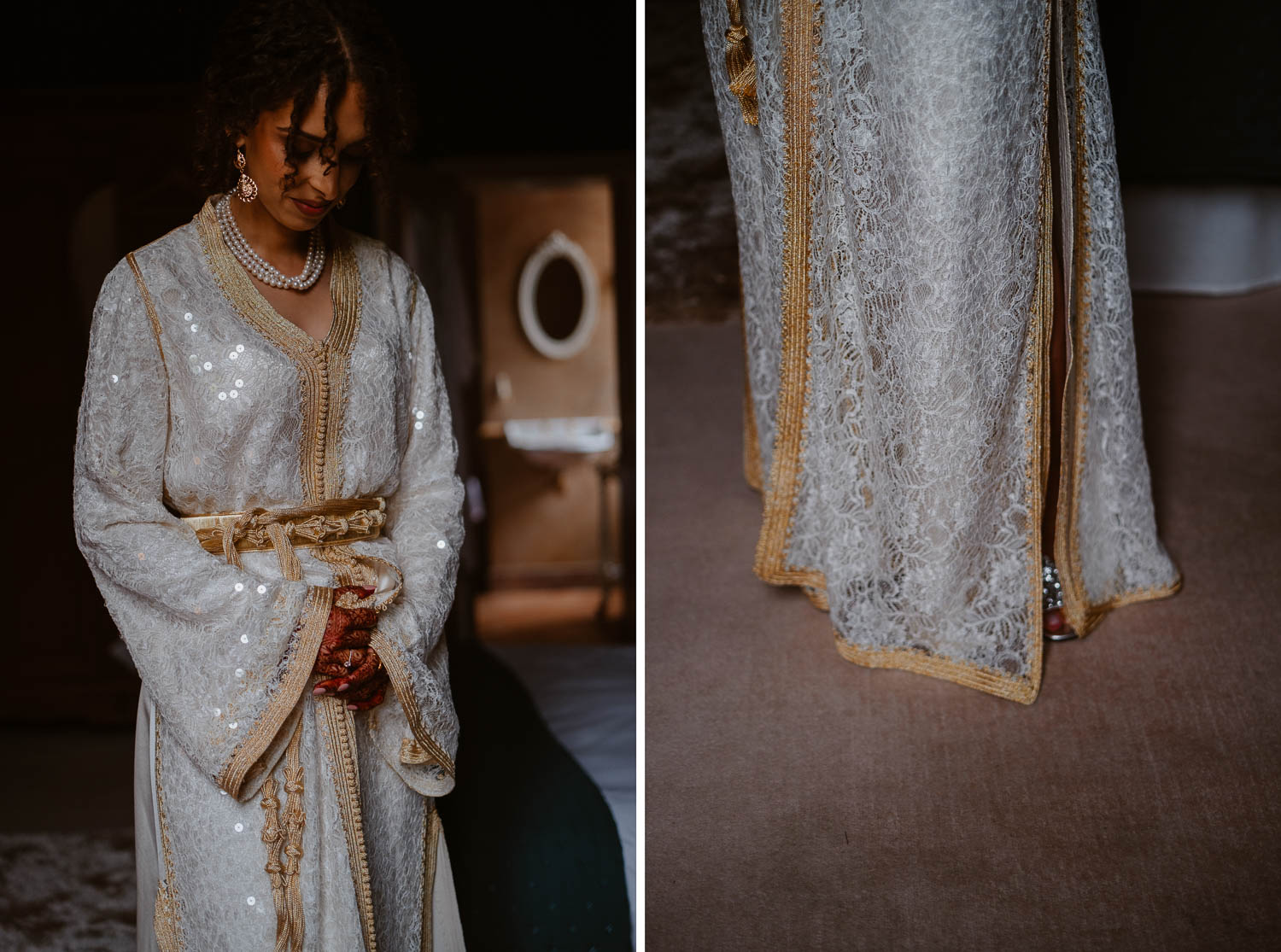 reportage photo préparatifs caftan haute couture Taïka by Nour mariée — Château de la Rairie à Pont Saint Martin