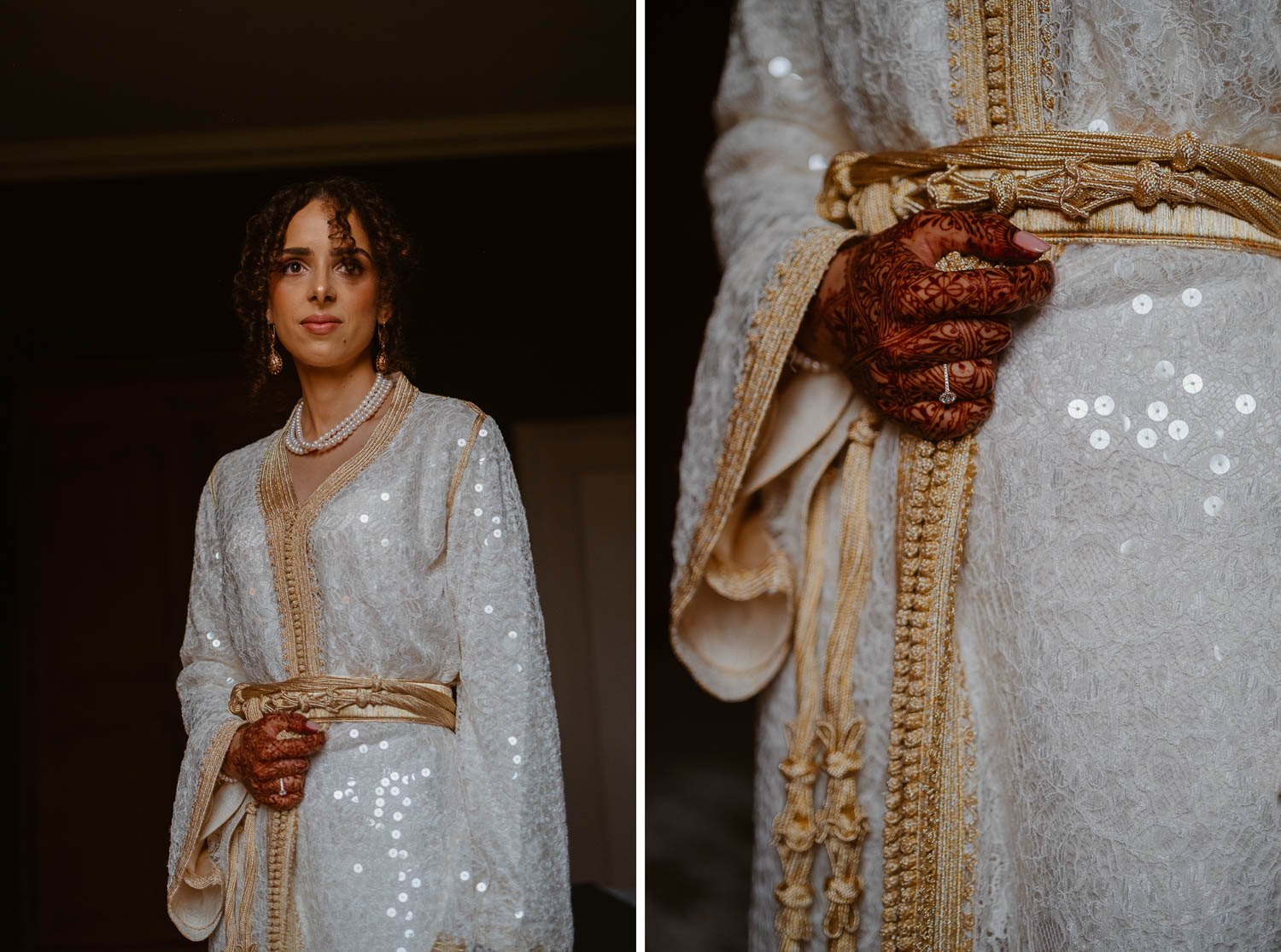 reportage photo préparatifs caftan haute couture Taïka by Nour mariée — Château de la Rairie à Pont Saint Martin