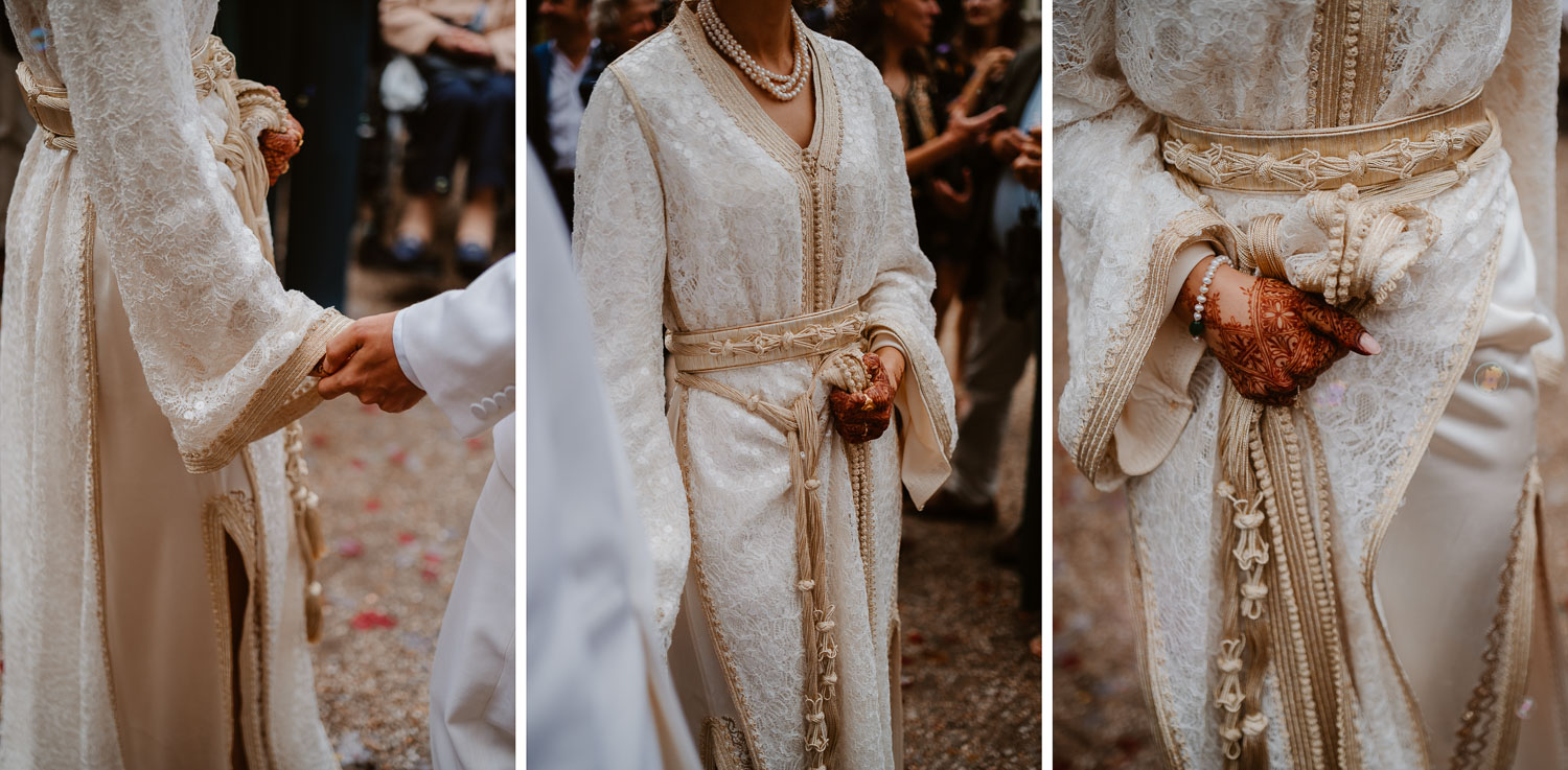 reportage photo préparatifs caftan haute couture Taïka by Nour mariée — Château de la Rairie à Pont Saint Martin