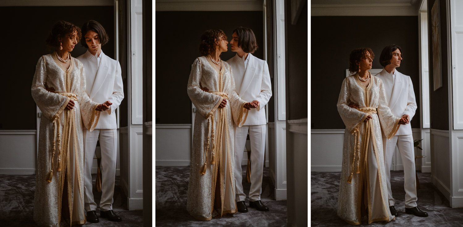 reportage photo préparatifs caftan haute couture Taïka by Nour mariée — Château de la Rairie à Pont Saint Martin