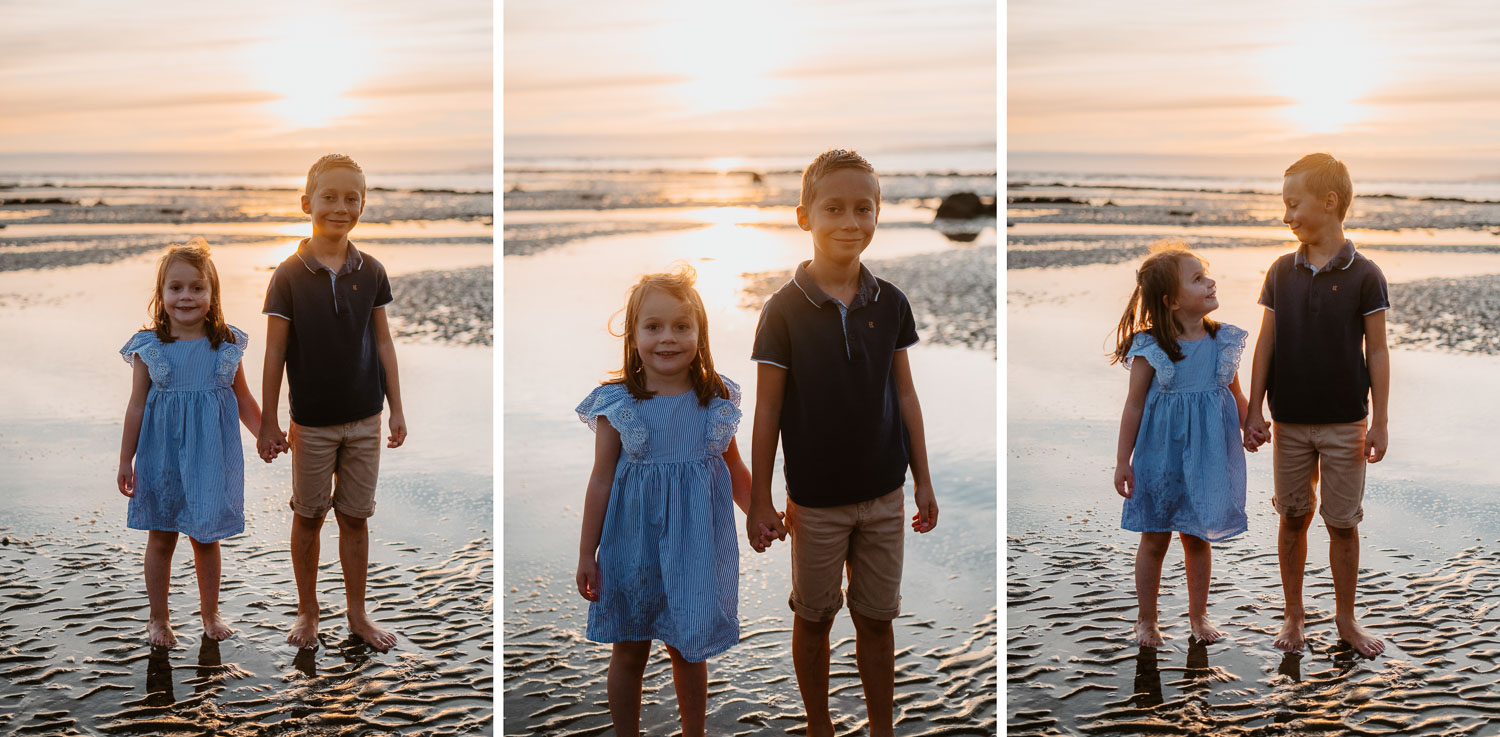 Séance photo de famille en bord de mer au coucher de soleil près de Pornic en loire atlantique