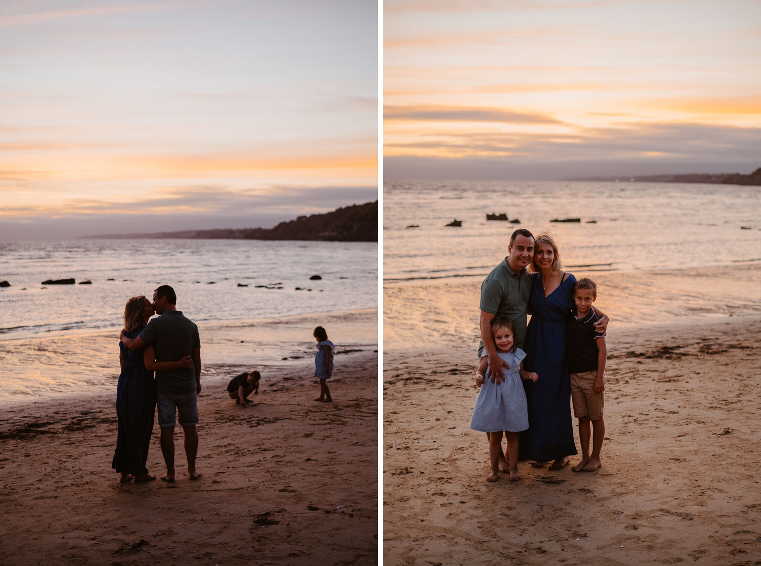 Séance photo de famille en bord de mer au coucher de soleil près de Pornic en loire atlantique