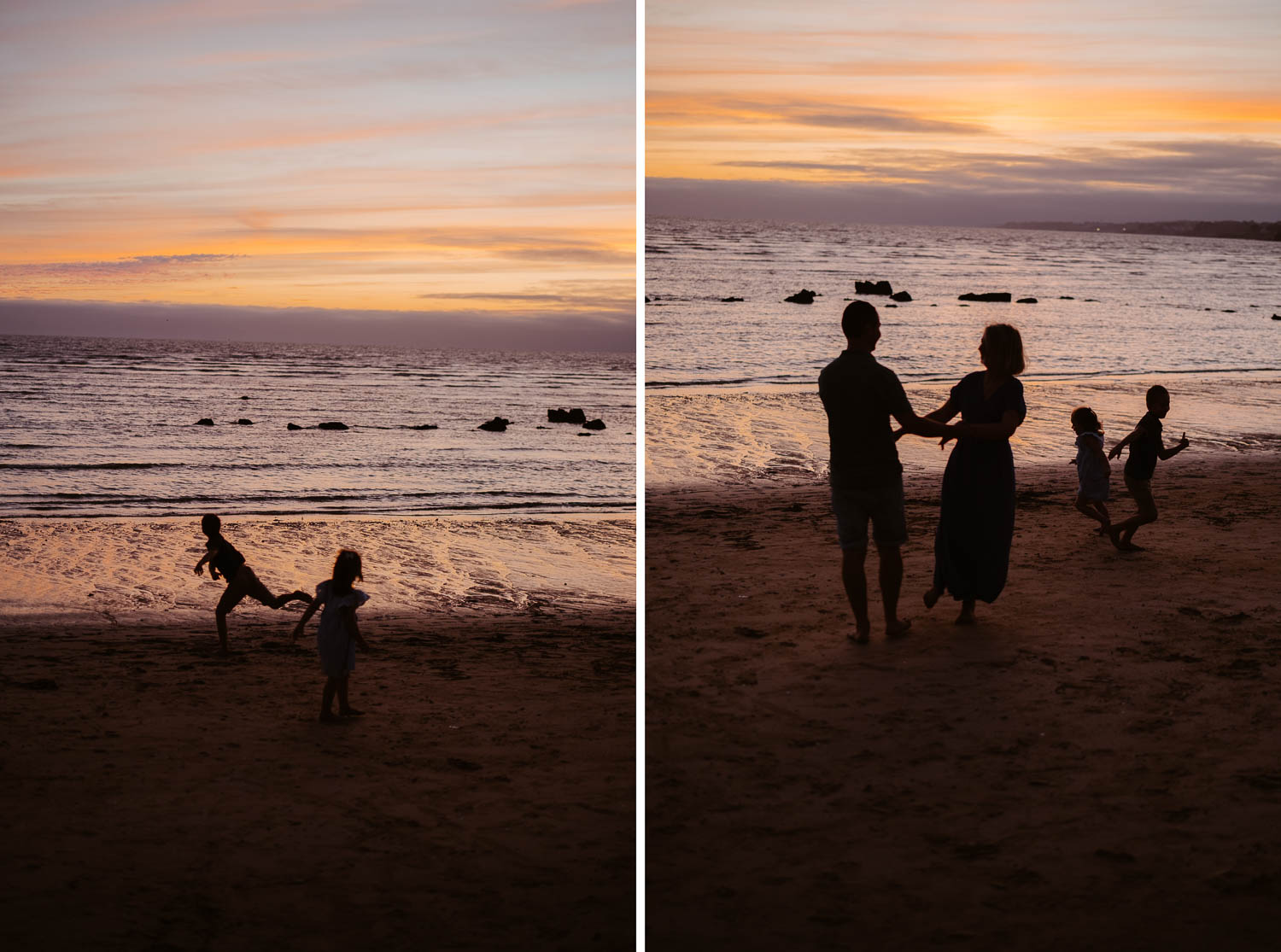 Séance photo de famille en bord de mer au coucher de soleil près de Pornic en loire atlantique